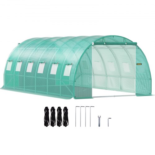 VEVOR Walk-in Tunnel Greenhouse, 609.6 x 304.8 x 213.4 cm Portable Plant Hot House w/ Galvanized Steel Hoops, 3 Top Beams, 4 Diagonal Poles, 2 Zippered Doors & 12 Roll-up Windows, Green