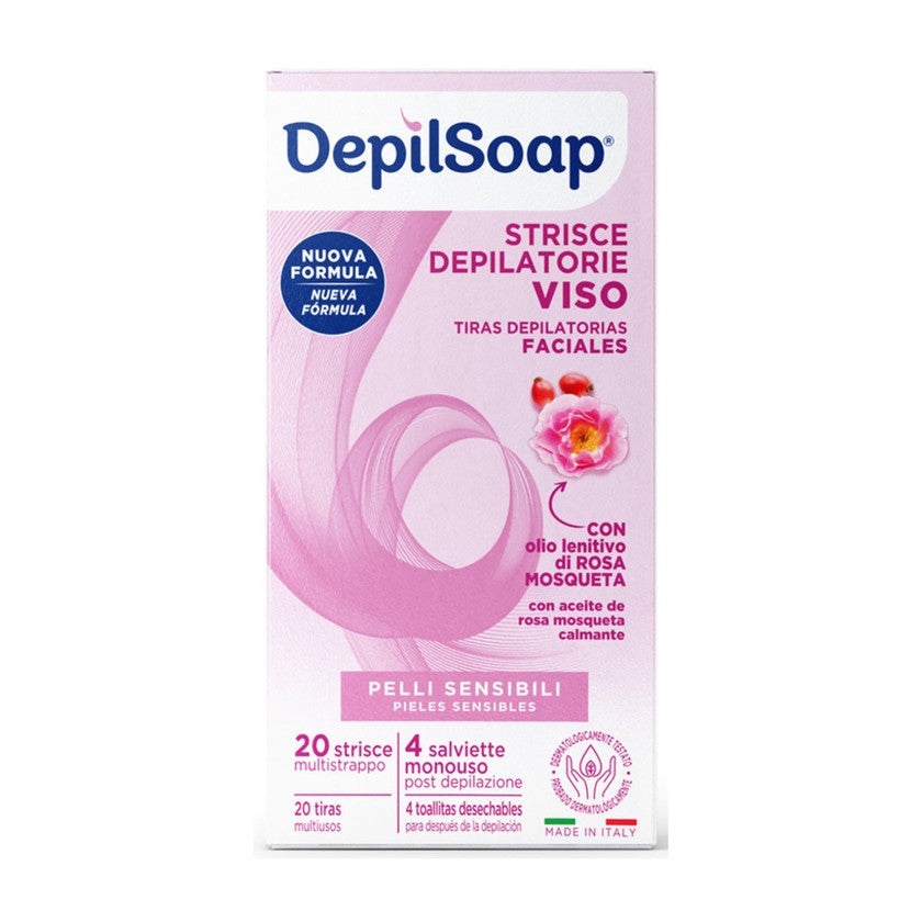 Depilsoap Strisce Depilatorie Viso 20 Strisce + 4 Salviette Post Depilazione Pelli Sensibili — Strisce depilatorie