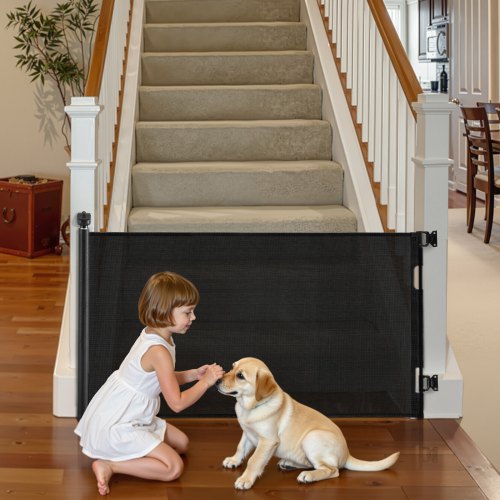 VEVOR Retractable Baby Gate, Extends to 1850 mm Wide, 795 mm Tall, with Security Lock, Easy to Use, Walk Through Without Tripping, Mesh Dog Gate for Stairs, Hallways, Indoor/Outdoor, Black