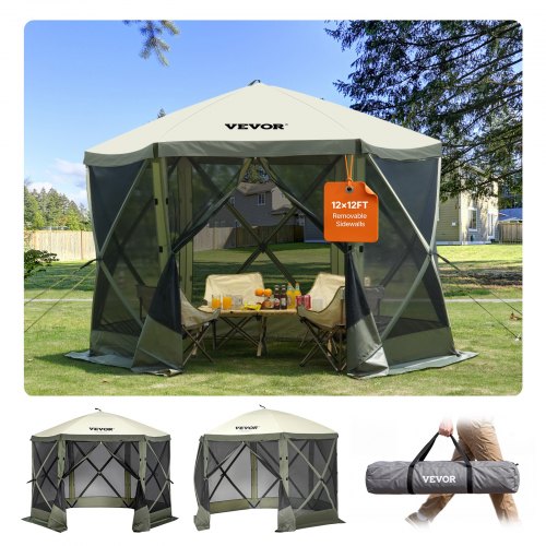 VEVOR Pop Up Gazebo Tent, Pop-Up Screen Tent 6 Sided Canopy Sun Shelter with 6 Removable Privacy Wind Cloths & Mesh Windows, 10x10FT Quick Set Screen Tent with Mosquito Netting, Army Green