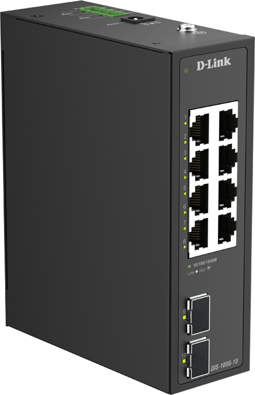 D-Link DIS-100G-10 - teollisuuskäyttöön tarkoitettu hallitsematon Layer 2 -Ethernet-kytkin, musta