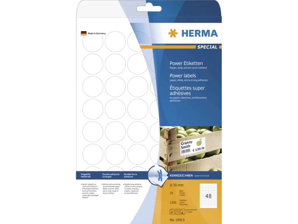 HERMA 10915, Valkoinen, Ympyrä, Kiinteä, Paperi, Matta, Laser/Inkjet