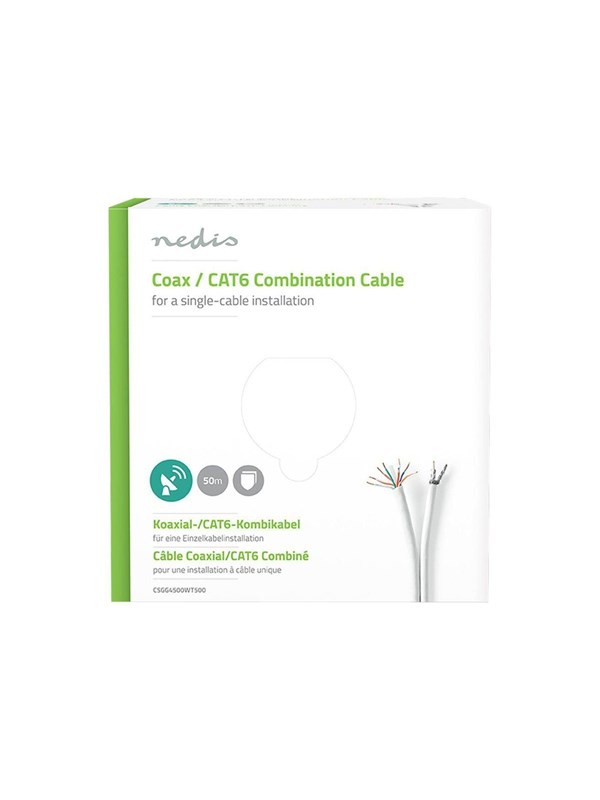 IEC (koaksiaali) CAT6 Combi-kaapeli kelalla | RG58 | 75 Ohm | Tuplasuojattu | ECA | 50.0 m | Pyöreä | Valkoinen | Pakkaus