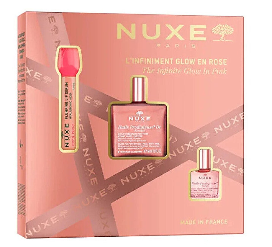 Nuxe The Infinite Glow vaaleanpunaisessa lahjasetissä
