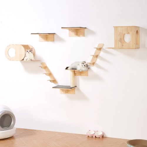 VEVOR Wall Mounted Cat Shelves, Cat Wall Shelves and Perches with Jumping Boards,  Cat Beds, Hammocks & Cat Tree, Cat Furniture and Shelves up to 40 lbs for Sleeping, Playing, Climbing, Set of 7