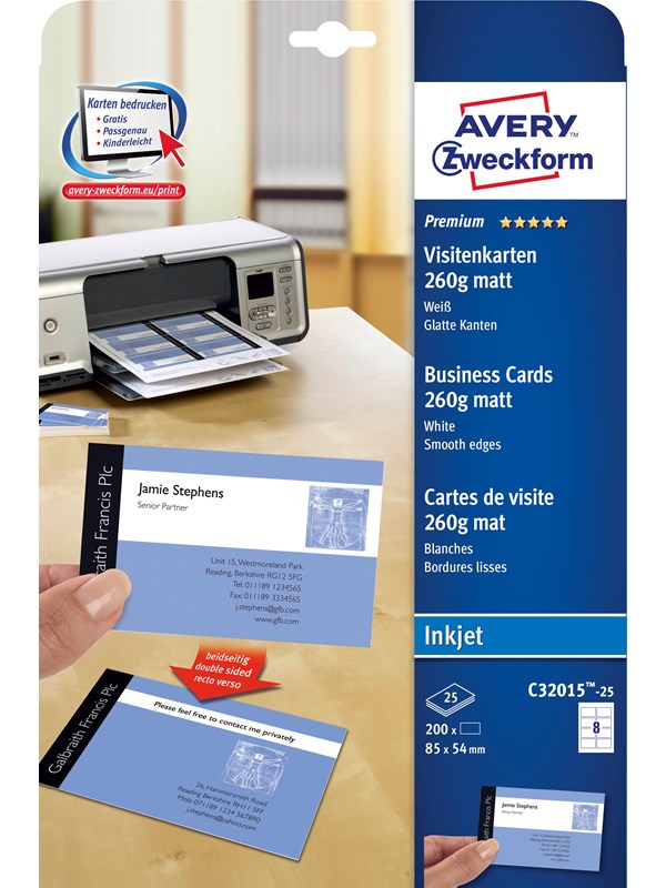 Visitkort Avery Quick&Clean™ C32015-25 til inkjetprinter 85x54 mm hvid 260g - (8 stk. x 25 ark)