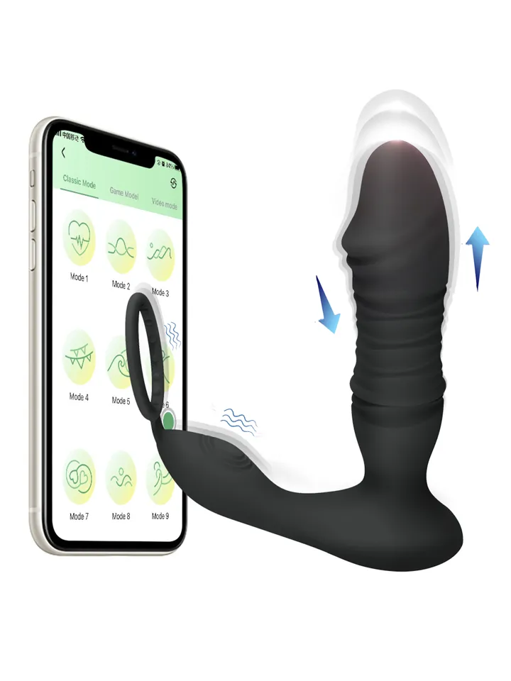 Prostate Massager With Thrusting & App Eturauhasvibraattori penisrenkaalla