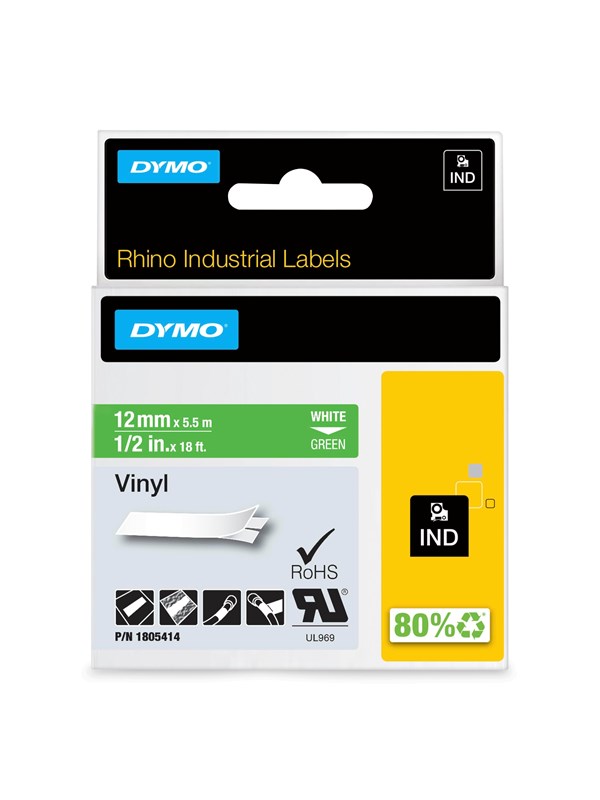 DYMO Rhino -vinyyliteipit, 12 mm x 5,5 m, valkoinen / vihreä, itseliimautuva