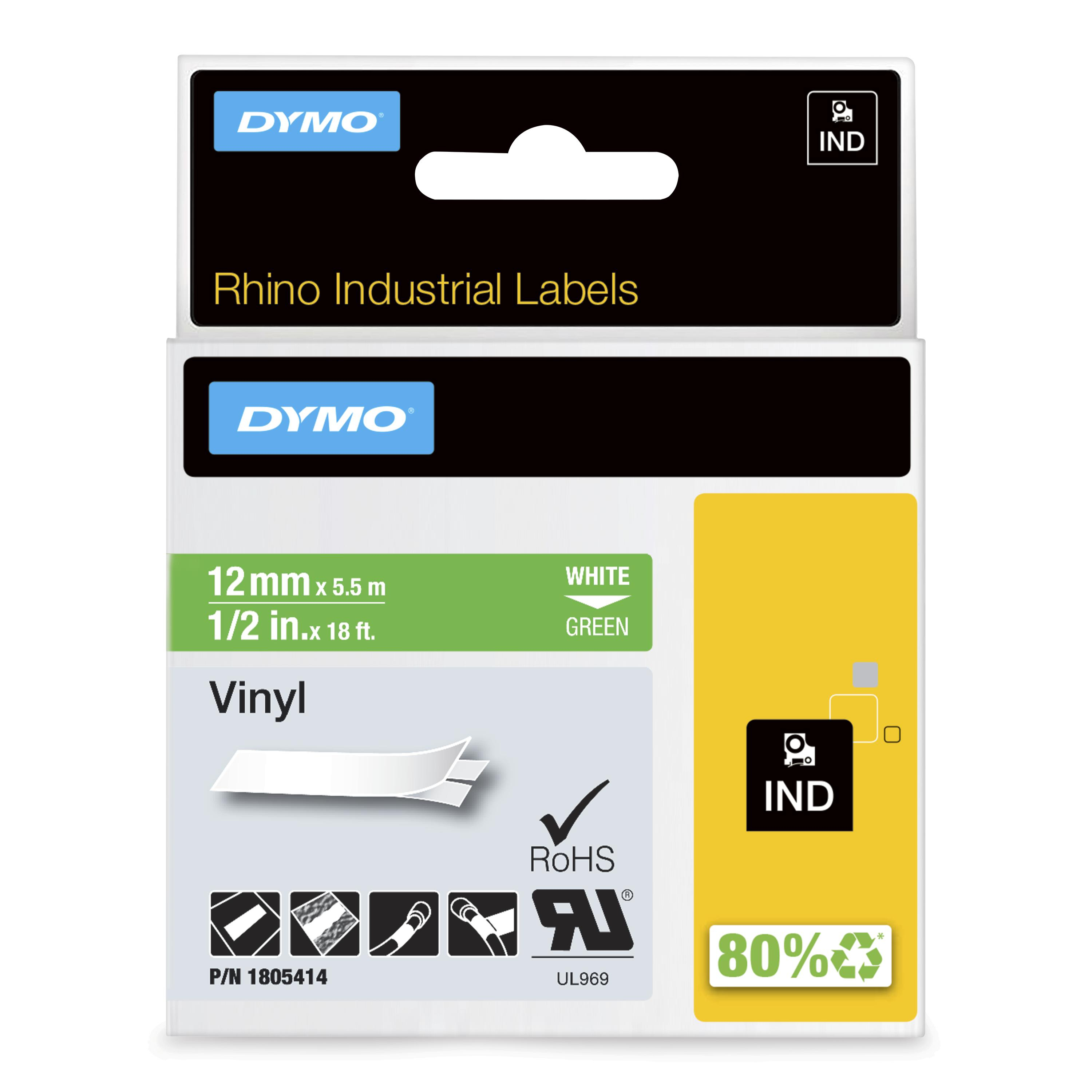 DYMO Rhino -vinyyliteipit, 12 mm x 5,5 m, valkoinen / vihreä, itseliimautuva