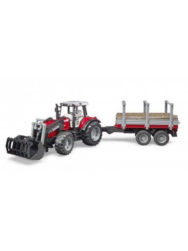 Lelu Traktori Massey Ferguson 7480, etukuormain ja tukkiperävaunu (1:16), Bruder