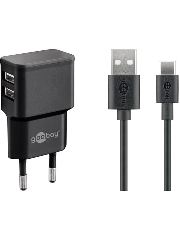 Goobay USB-CTM Dual laddningssats (12 W) Strömförsörjning med 2x USB-uttag och USB Type-CTM 1 m kabel (svart)
