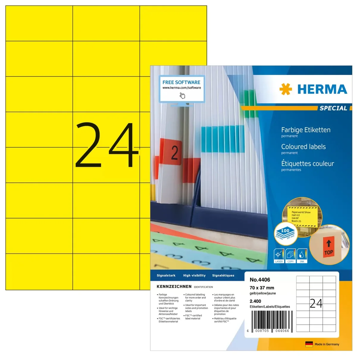 HERMA 4406, Keltainen, Suorakulmio, Kiinteä, Paperi, Matta, Laser/Inkjet