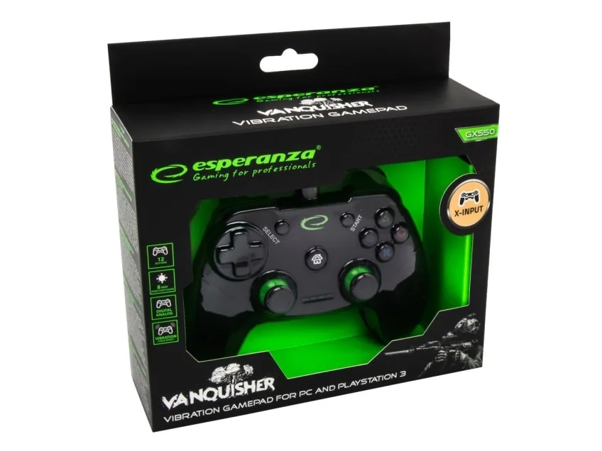 Esperanza Vanquisher - Gamepad - 12 painiketta - langallinen - musta, vihreä - PC:lle, Sony PlayStation 3:lle