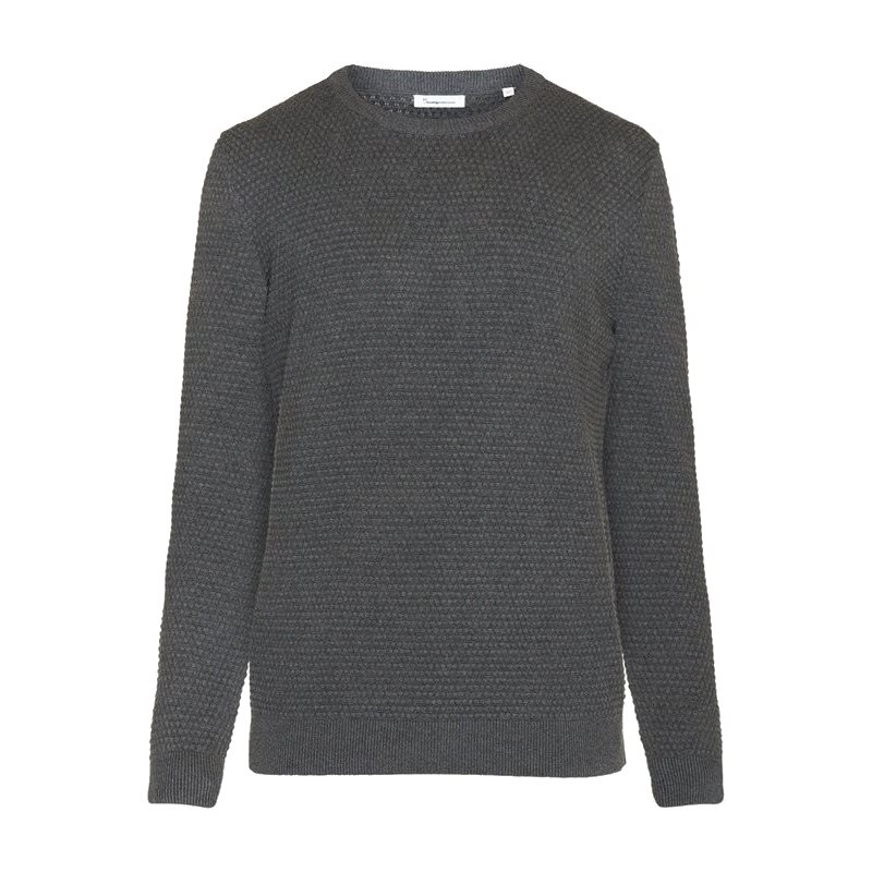 KnowledgeCotton Apparel Vagn Regular Bubble Knit Crew Neck Dark Grey Melange - XXL