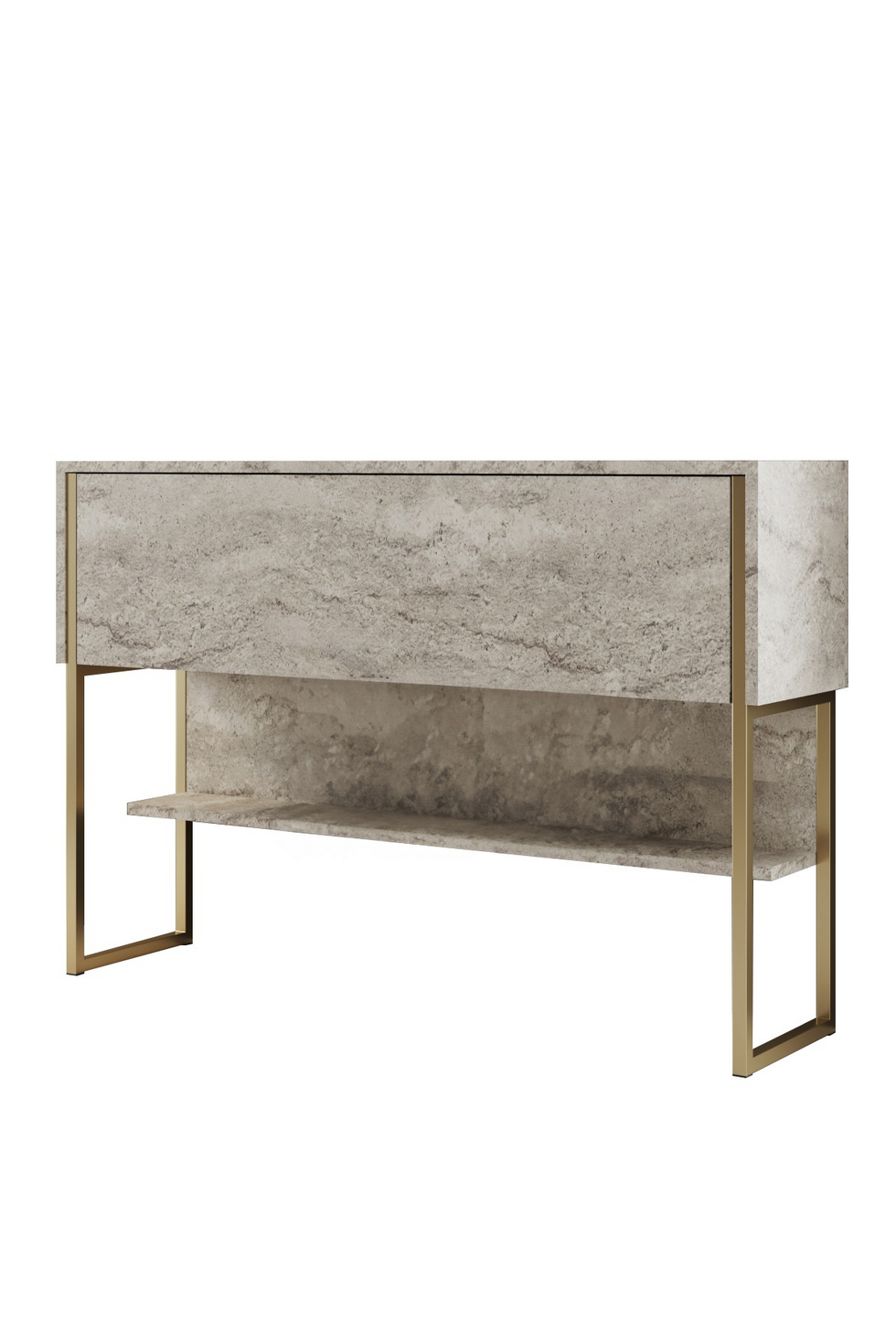 Norda Design Moderni glamour-lipasto, 120 cm, travertiini ja kulta, 100 % melamiinipinnoitettu, metallijalat | elegantti muotoilu