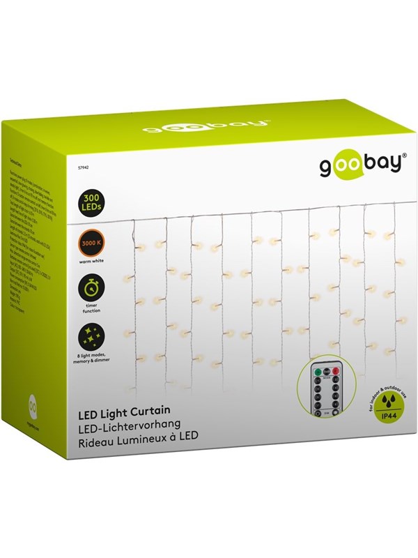Goobay 300 LED-ljusridåer med fjärrkontroll, timerfunktion, 8 ljuslägen, dimmer och 31 V extern transformator, varmvitt (3000 K)