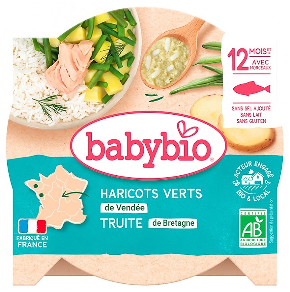 Babybio Lounasateria - 12 kuukautta ja vanhemmat - Vihreät pavut, Taimen - LUOMU 230 g