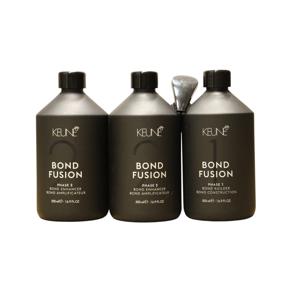 Sarja Keune: Sidosfuusiovaihe 1 Maschera hiusten hoitoon 500 ml + Bond Fusion Phase 2 Maschera Bond Enhancer 500 ml + muovinen mittakuppi
