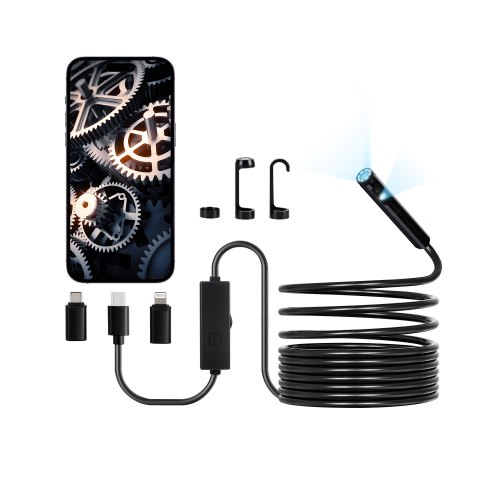 VEVOR Endoscope Camera with Light, Dual Lens Borescope for Android & IOS, 1920P HD Inspection Camera with 8 + 1 LED Light, 2X Zoom, 5m Snake Cable, IP67 Waterproof Snake Camera for Auto, Plumbing