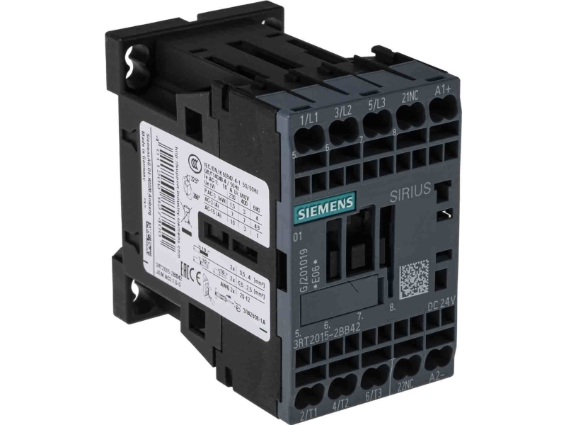 Siemens Kontaktori.ac3: 3 kW, yksi normaalisti sulkeutuva (NC) kontakti, tasavirta (DC) 24 V, mallinumero 3rt2015-2bb42.