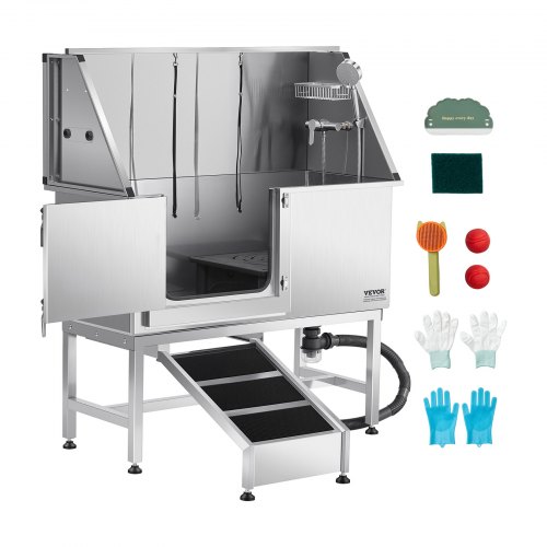 VEVOR Stainless Steel Dog Washing Station, 127 cm Pet Grooming Tub w/ Ramp, PE Water Filter Board, Faucet & Showerhead & Soap Holder Dog Bathtub for Large & Medium & Small Pets (Left Door)