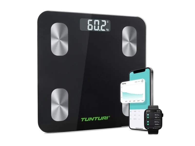 Tunturi 14TUSSP001, Sähkökäyttöinen henkilövaaka, 180 kg, 100 g, musta, Hopea, kg/lb, Neliö