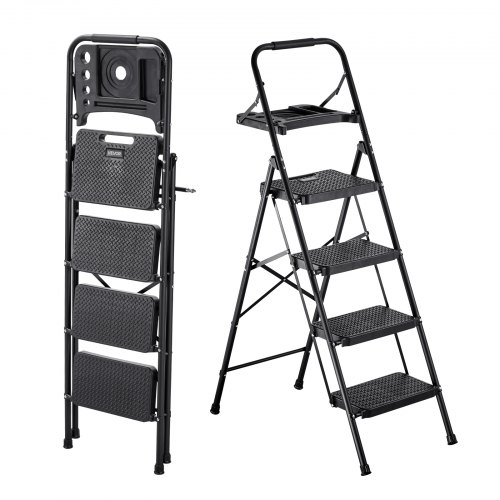 VEVOR 4 Step Ladder, Folding Step Stool with Wide Anti-Slip Pedal, Tool Tray, Comfort Handgrip, 272 kg Capacity Portable Steel Ladder, Multi-Use for Kitchen, Home, Household and Office, Black