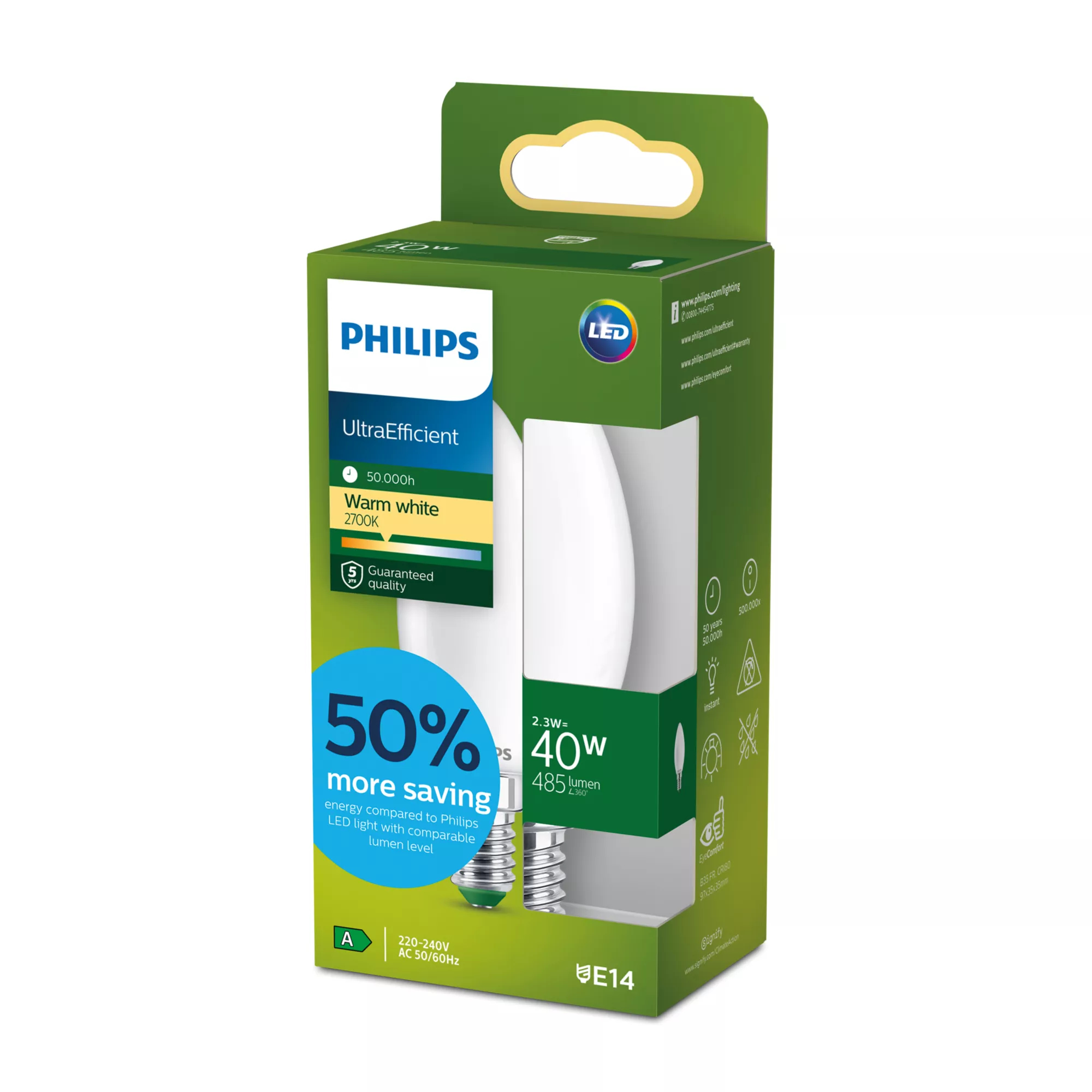 Philips LED-kynttilälamppu B35 E14 2,3W (40W) 485lm 2700K Himmennettävä Himmeä