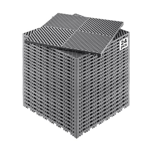 VEVOR Interlocking Drainage Mat, 15.7” x 15.7” Modular Interlocking Cushion, 24 Pcs Splicing Drainage Mats, Non-Slip Gray PP Drainage Floor Tile and Shower Mat, for Garage, Garden, Kitchen & Outdoor