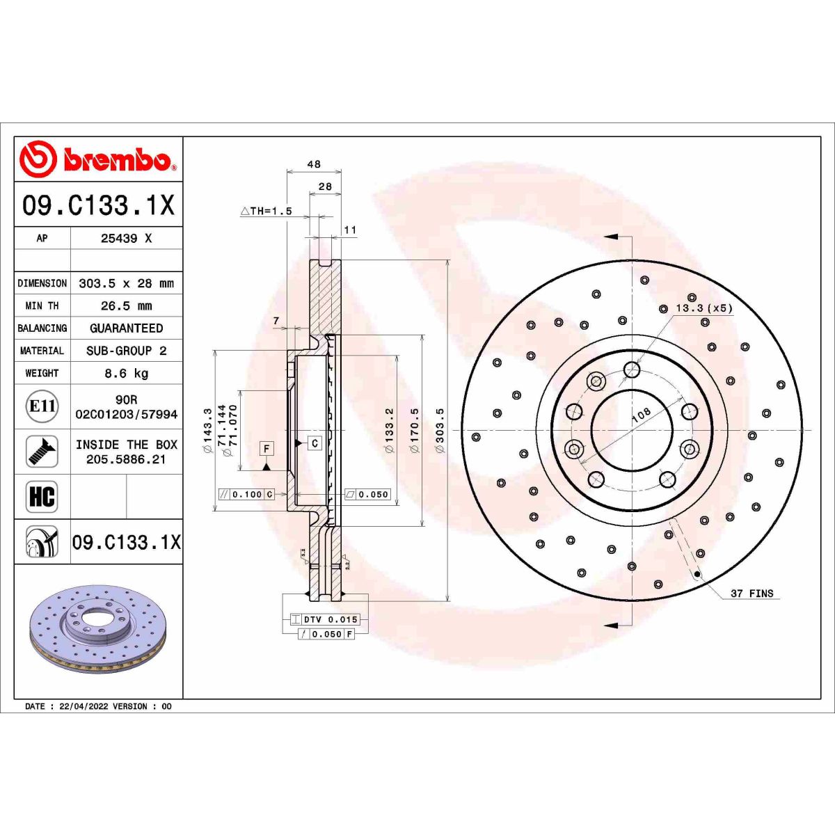 Jarrulevy BREMBO 09.C133.1X