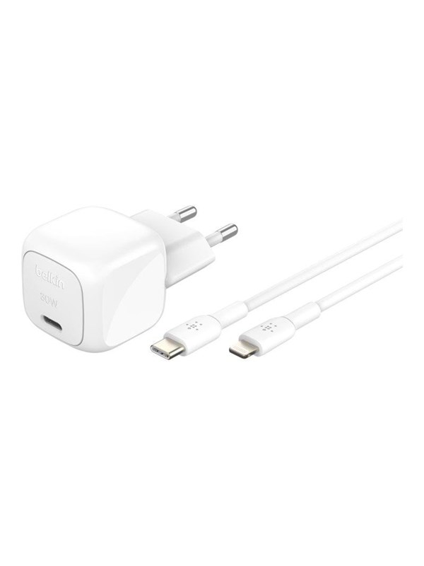 Belkin BoostCharge Compact 30 Wattia + 1 metrin USB-C to Lightning -kaapeli - Seinälaturi, Valkoinen