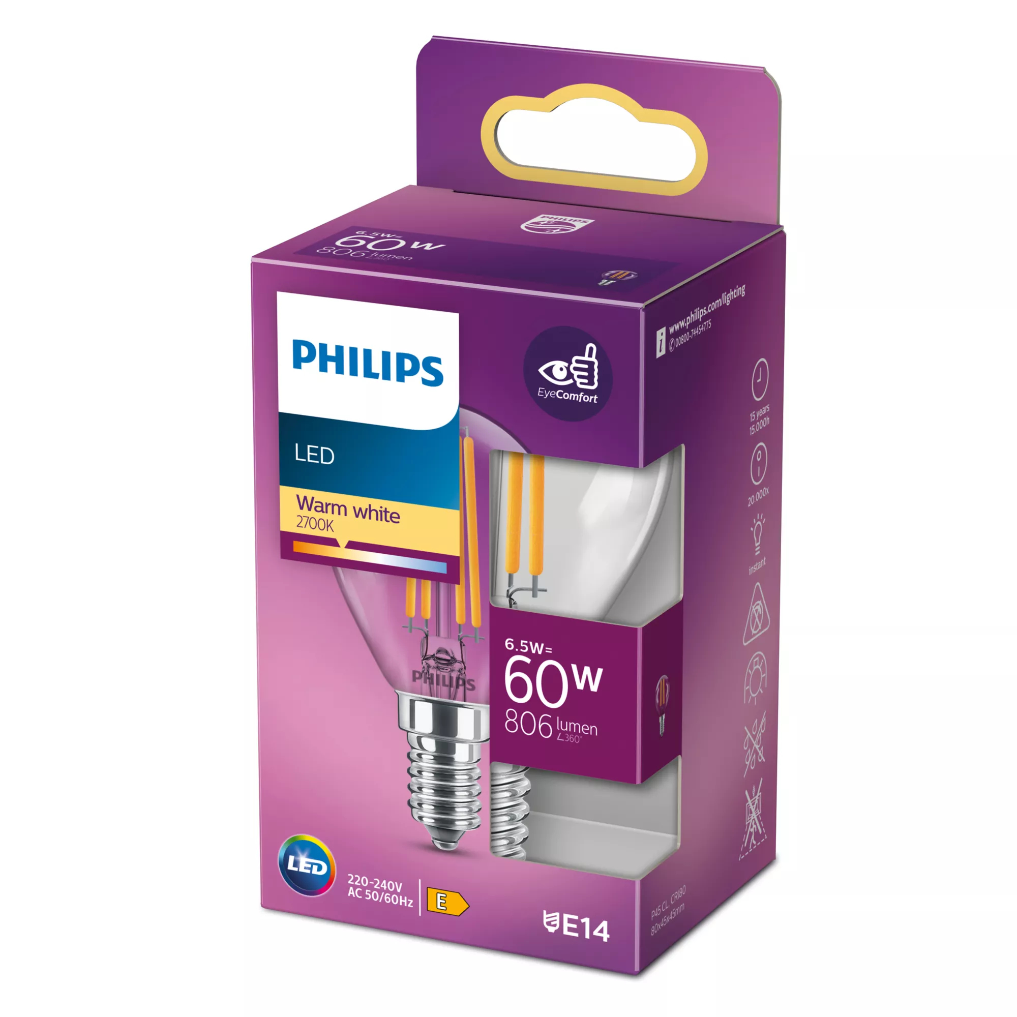 Philips LED-lamppu Classic Candle 6.5W/827 (60W) Clear E14