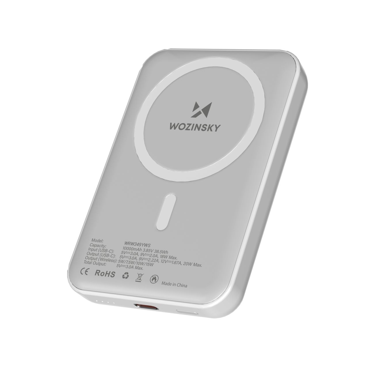 Magneettinen Varavirtalähde 10000 mAh 25 cm USB-C-kaapelilla - Valkoinen
