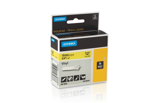 DYMO Rhino -vinyyliteipit, 19 mm x 5,5 m, musta / keltainen, itseliimautuva
