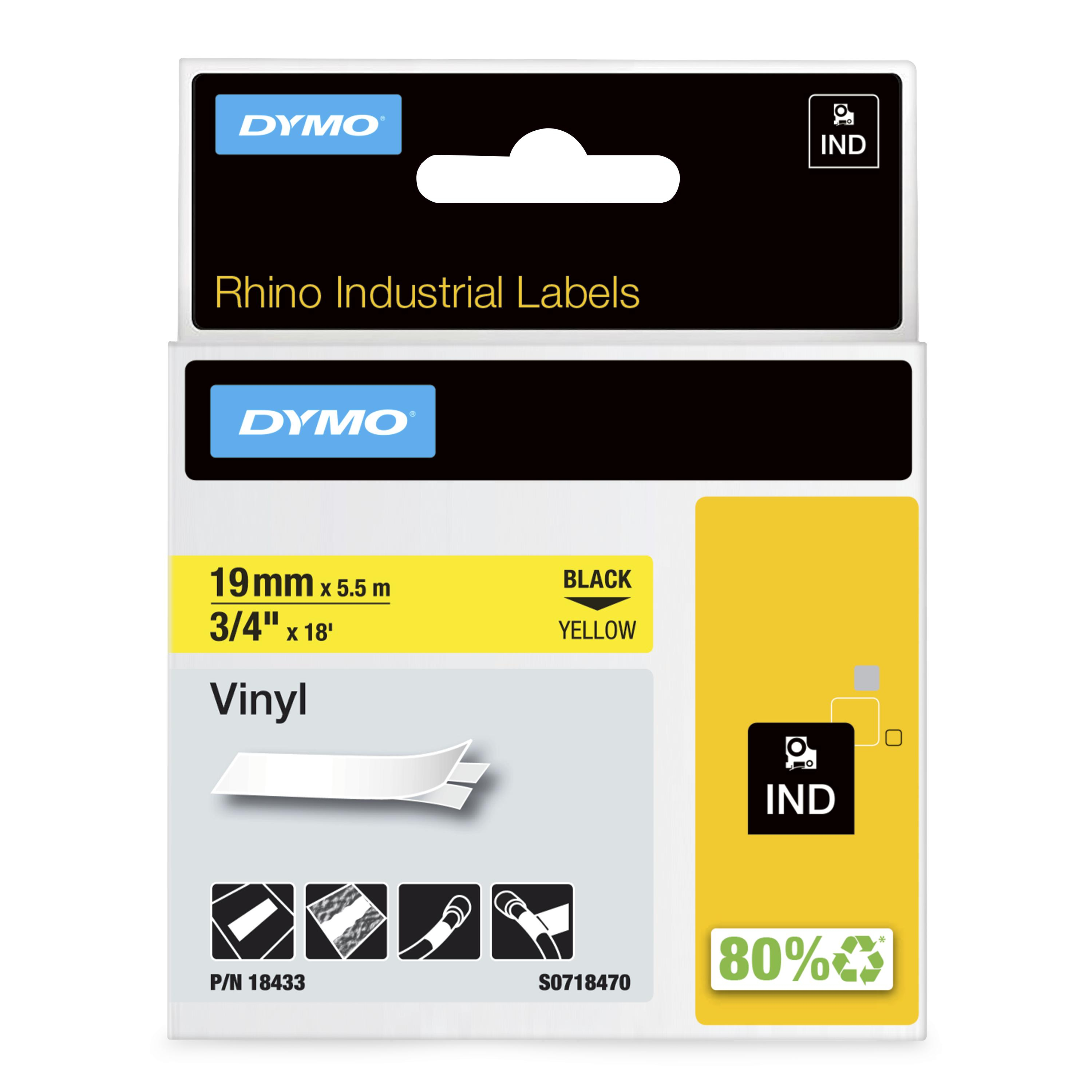 DYMO Rhino -vinyyliteipit, 19 mm x 5,5 m, musta / keltainen, itseliimautuva