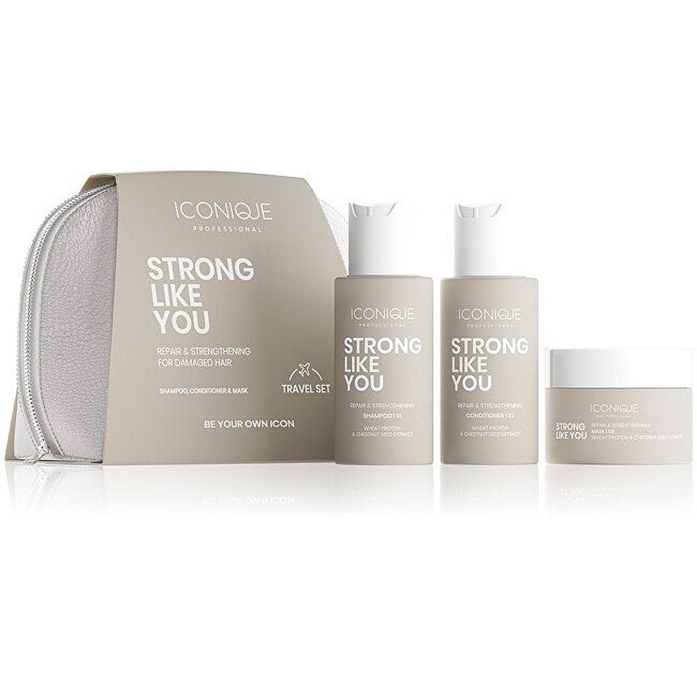 ICONIQUE Professional STRONG LIKE YOU Shampoo 70 ml, hoitoaine 70 ml ja naamio 50 ml matkapakkaus vaurioituneille hiuksille