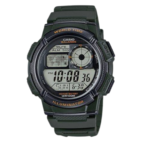 Casio Youth AE-1000W-3AVDF World Time Digitaalinen Urheilukello - Armeijanvihreä Hartsiranneke