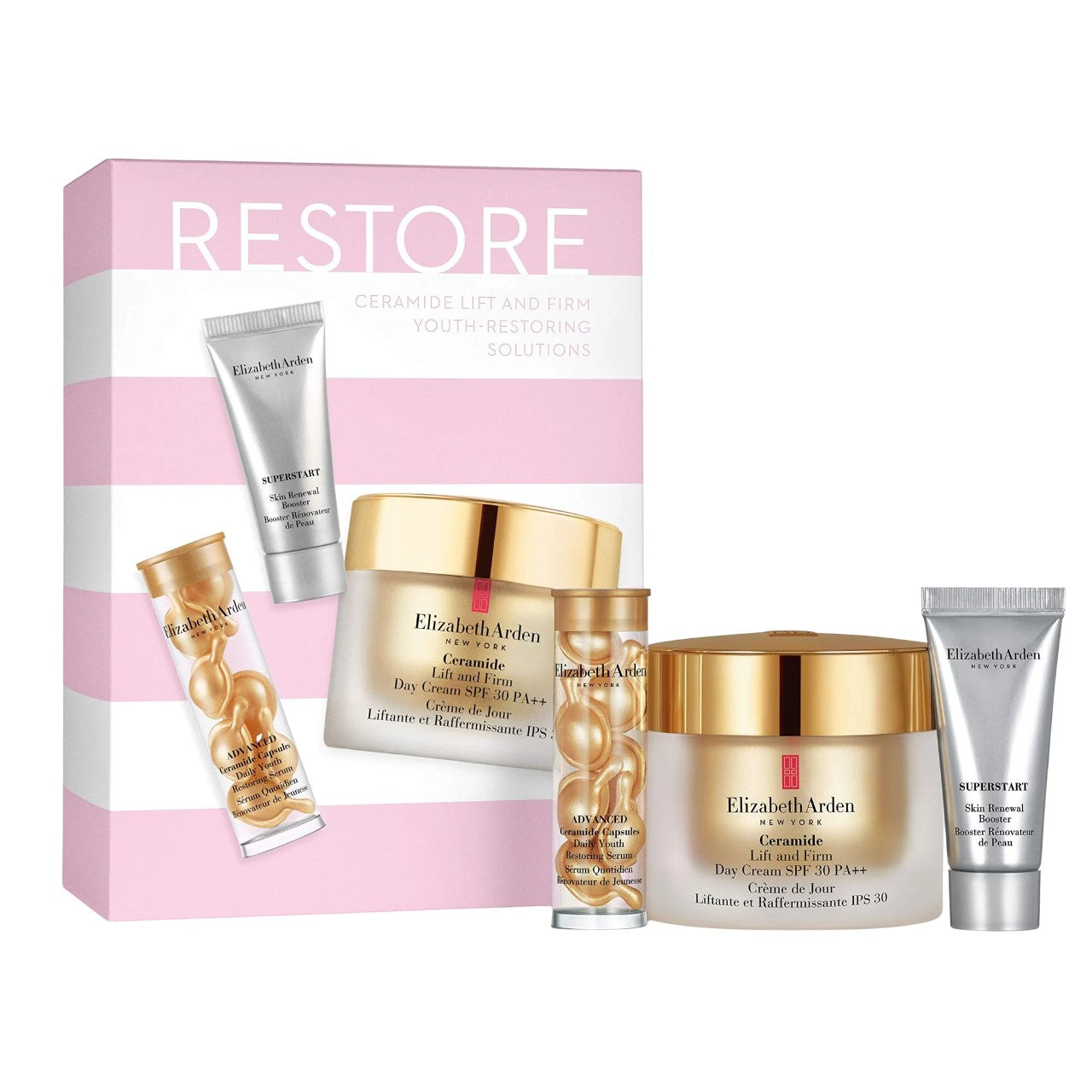 Setti Elizabeth Arden: Superstart Restorative 5 ml + Ceramide-voide SPF 30 50 ml + Advanced Ceramide Restores kapseliseerumi 7 kpl