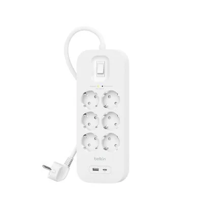 Belkin Connect Surge Protector SRB002VF2M-V2 - Ylijännitesuojattu jatkojohto, 6 pistorasiaa, 1 USB-C, 1 USB-A, 2 metriä, valkoinen