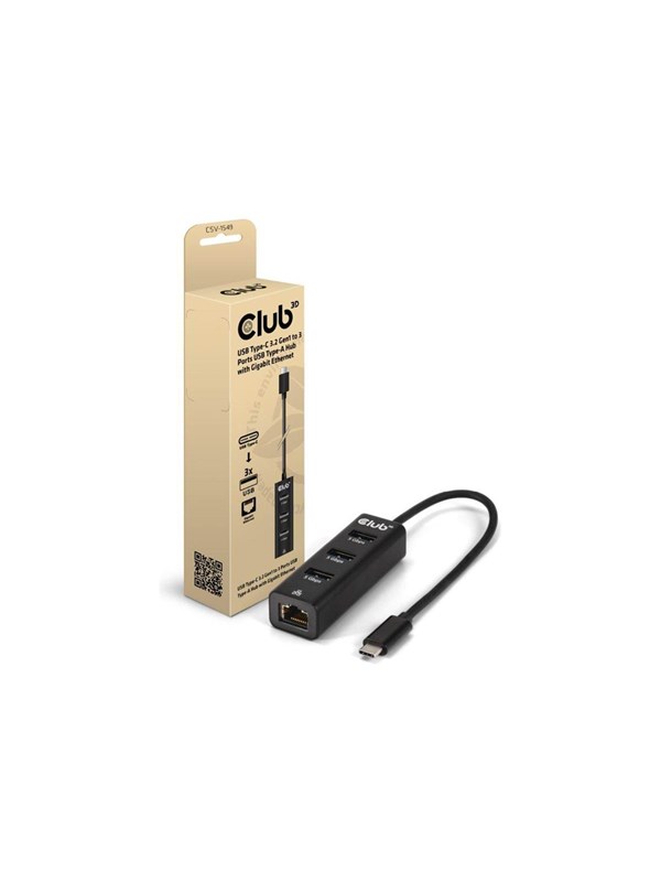 Club 3D USB C 3.2 Gen1 - 3x USB A + Gigabit Ethernet -sovitin, Musta