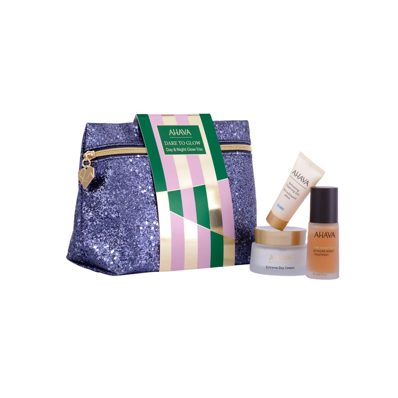 Ahava Set Trio Day & Night Glow Ahava: Extreme Day Cream 50 ml + paikallinen seerumi Anti-ikä yöksi 30 ml + puhdistusgeeli 15 ml + pouch