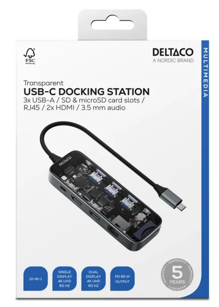 Deltaco Transparent USB-C Docking Station Dual 2x HDMI