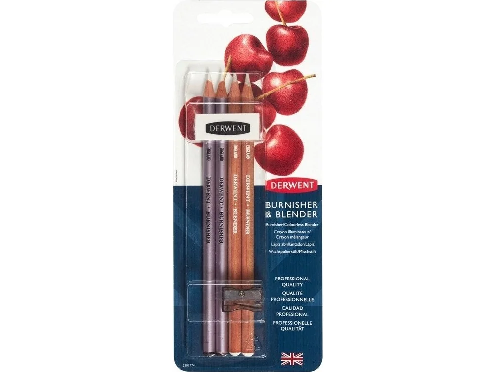 Derwent Blender & Burnisher set - 2 blender-kynää, 2 burnisher-kynää, pyyhekumi + kynät