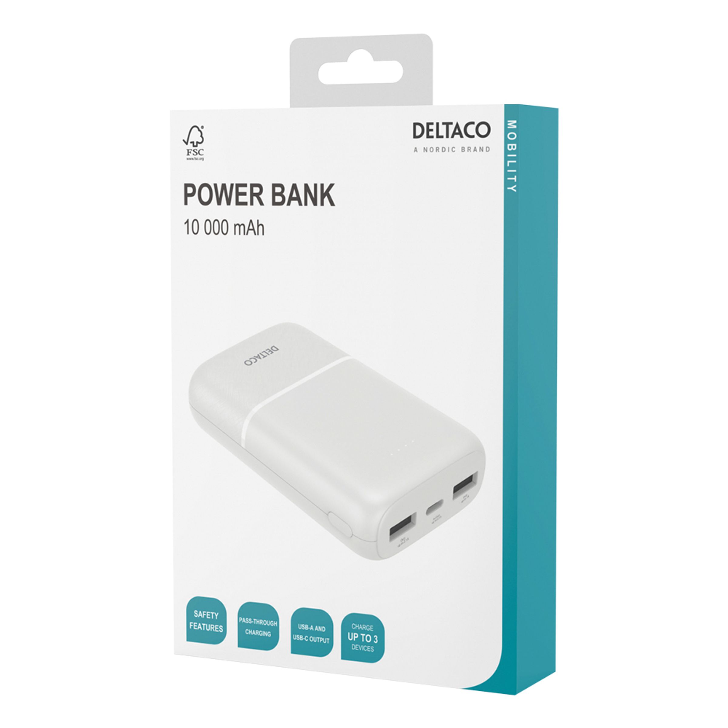 Deltaco PB-C1005 Powerbank | 2x USB-A | 1x USB-C | White - 10000 mAh