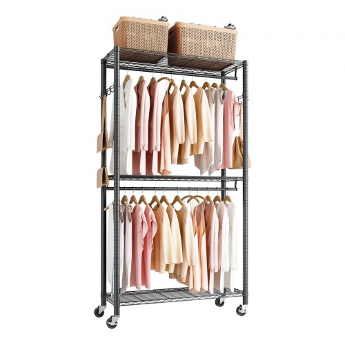VEVOR Rolling Clothes Rack, Heavy Duty Clothing Garment Rack, 3 Adjustable Tiers Clothing Racks with Carbon Steel, 204 kg Load Capacity Closet Wardrobe for Bedroom, Clothing Store, Hallway