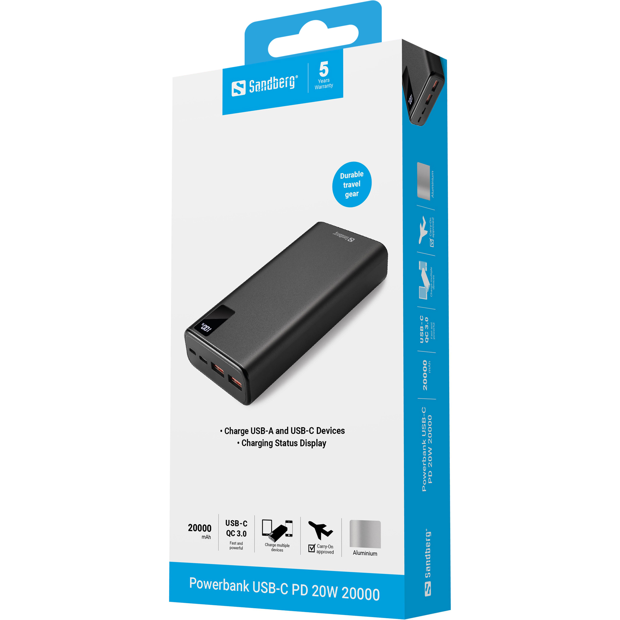 Sandberg - Powerbank - 20000 mAh - 74 Wh - 20 Watt - 3 A - PD, QC 3.0 - 3 lähtöliitäntää (2 x USB, USB-C)
