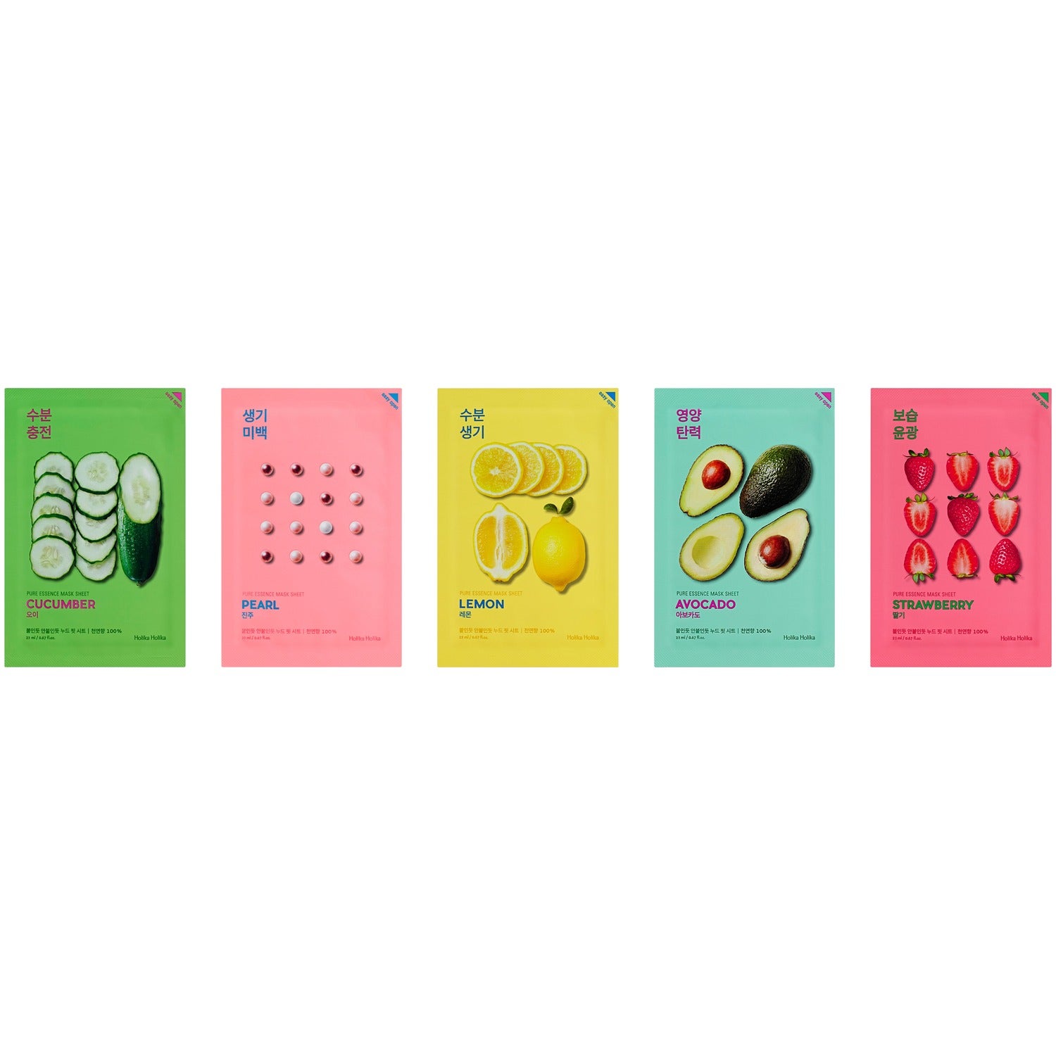 Holika Holika Pure Essence Sheet Mask Variety Collection 5 X 20 ml (Cucumber, Pearl, Lemon, Avocado, Strawberry) - 100 ml