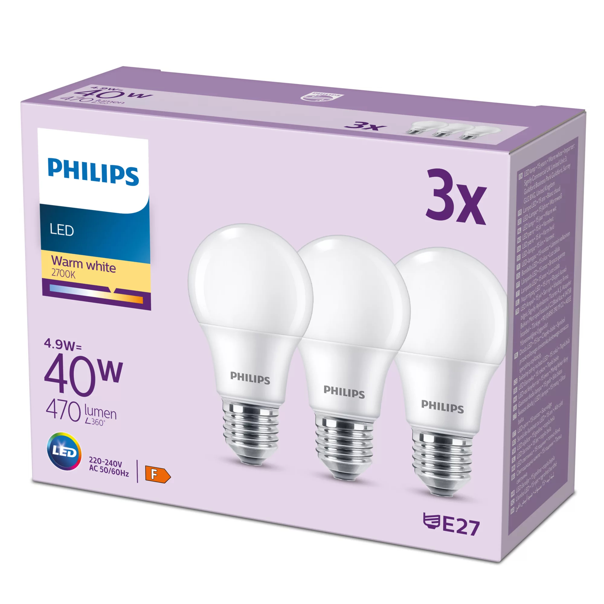 Philips LED-lamppu Standardi 4.9W/827 (40W) 3-pack. E27