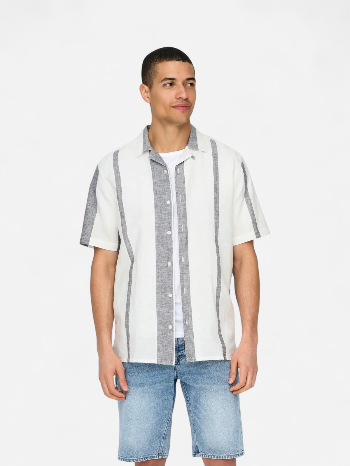 Only & Sons miesten kauluspaita Onscaiden Life Stripe Res Linen Blend Noos, Cloud Dancer