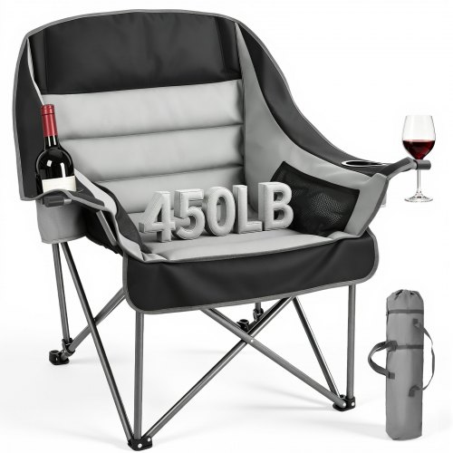 VEVOR Oversized Camping Chairs, 450 lbs Heavy Duty Support, Portable Padded Folding Camp Chairs with Dual Cup Holders & Wine Glass Holders, Carry Bag for Outdoor, Fishing, Black & Gray, 1 Pack